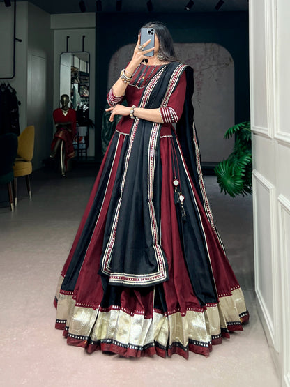 Maroon Black Panelled Lehenga Choli With Zari Border And Mirror Work