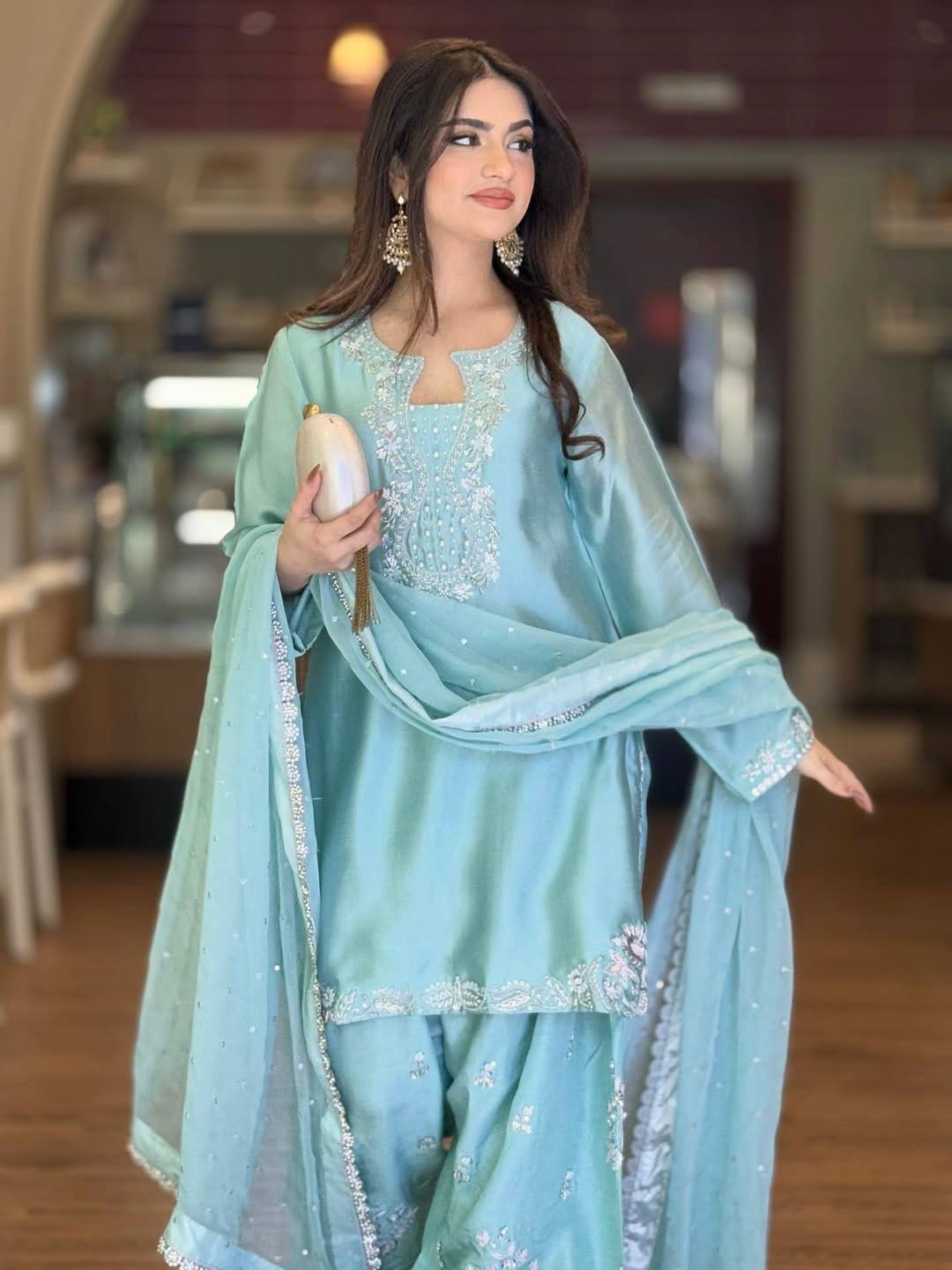 Light Blue Embroidered Moti Work Suit With Dupatta
