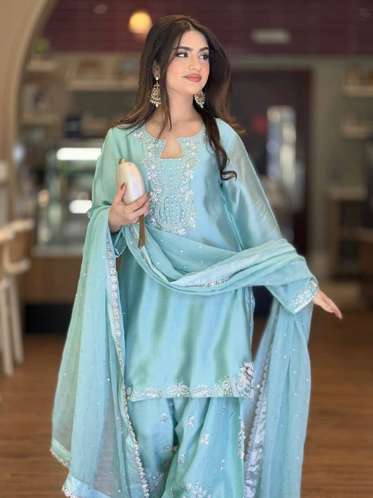 Light Blue Embroidered Moti Work Suit With Dupatta