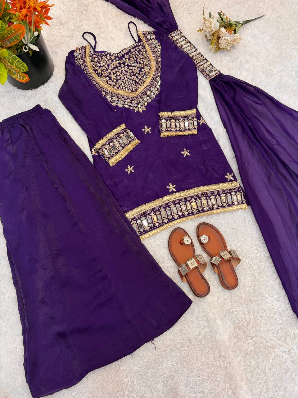 Purple Silk Sharara Suit With Real Mirror Work And Gold Lace Work