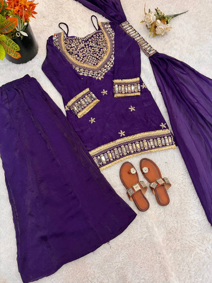 Purple Silk Sharara Suit With Real Mirror Work And Gold Lace Work