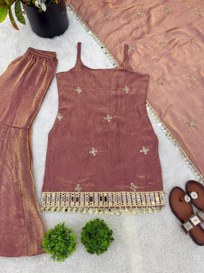 Dusty Pink Sharara Suit With Gold Embroidery And Real Mirror Work