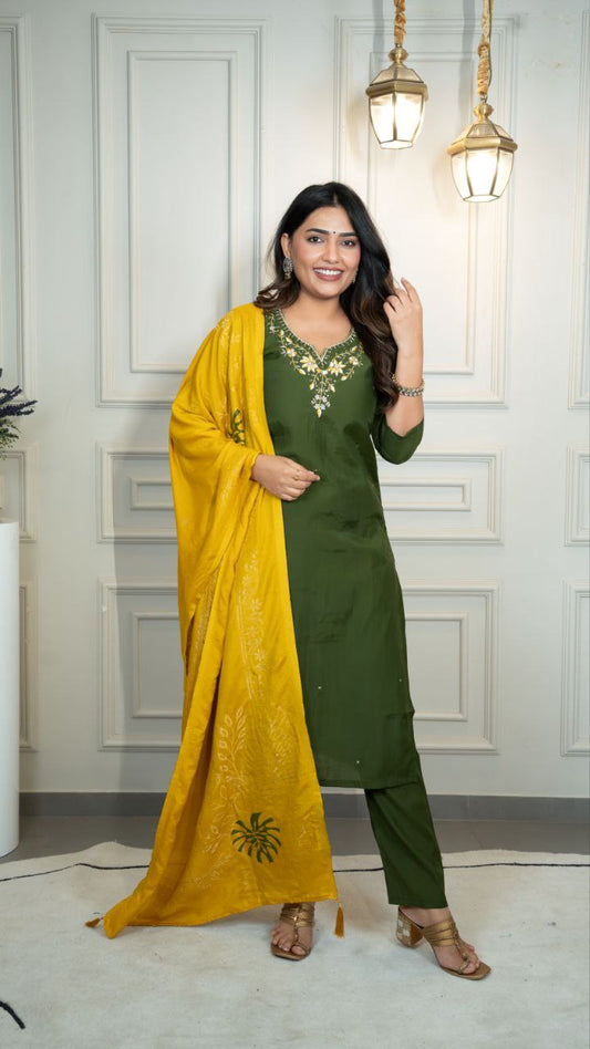 Elegance In Green Stunning Traditional Outfit With a Pop Of Yellow