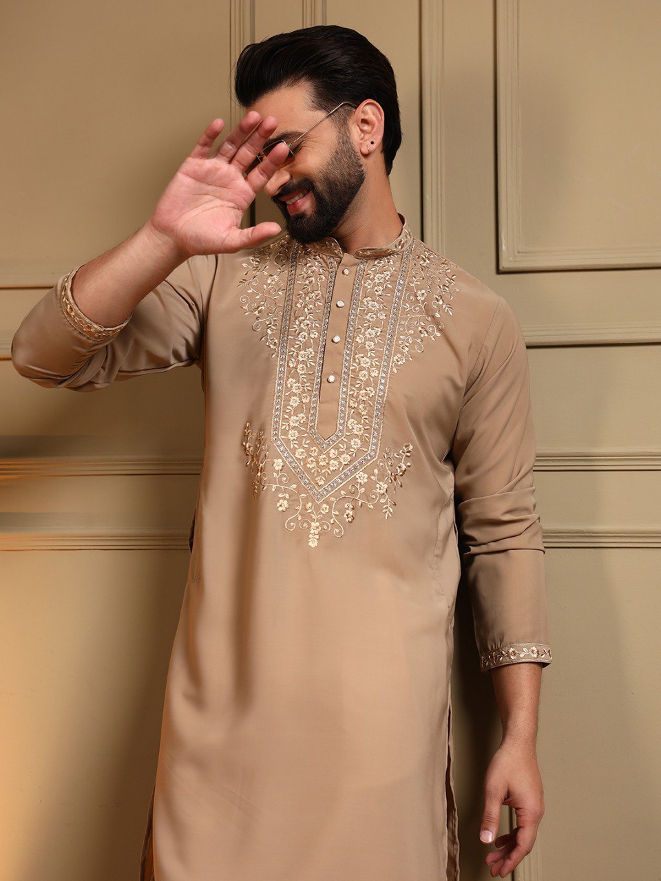Classic Designer Embroidered Kurta Set For Men With White Pajama