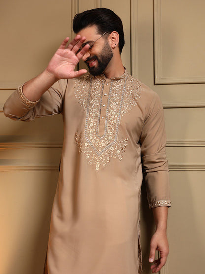 Classic Designer Embroidered Kurta Set For Men With White Pajama