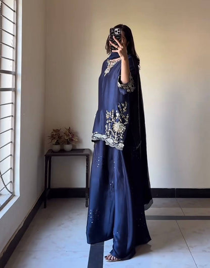 Navy Blue Satin Silk Sharara Suit Set With Gold Zari Floral Embroidery