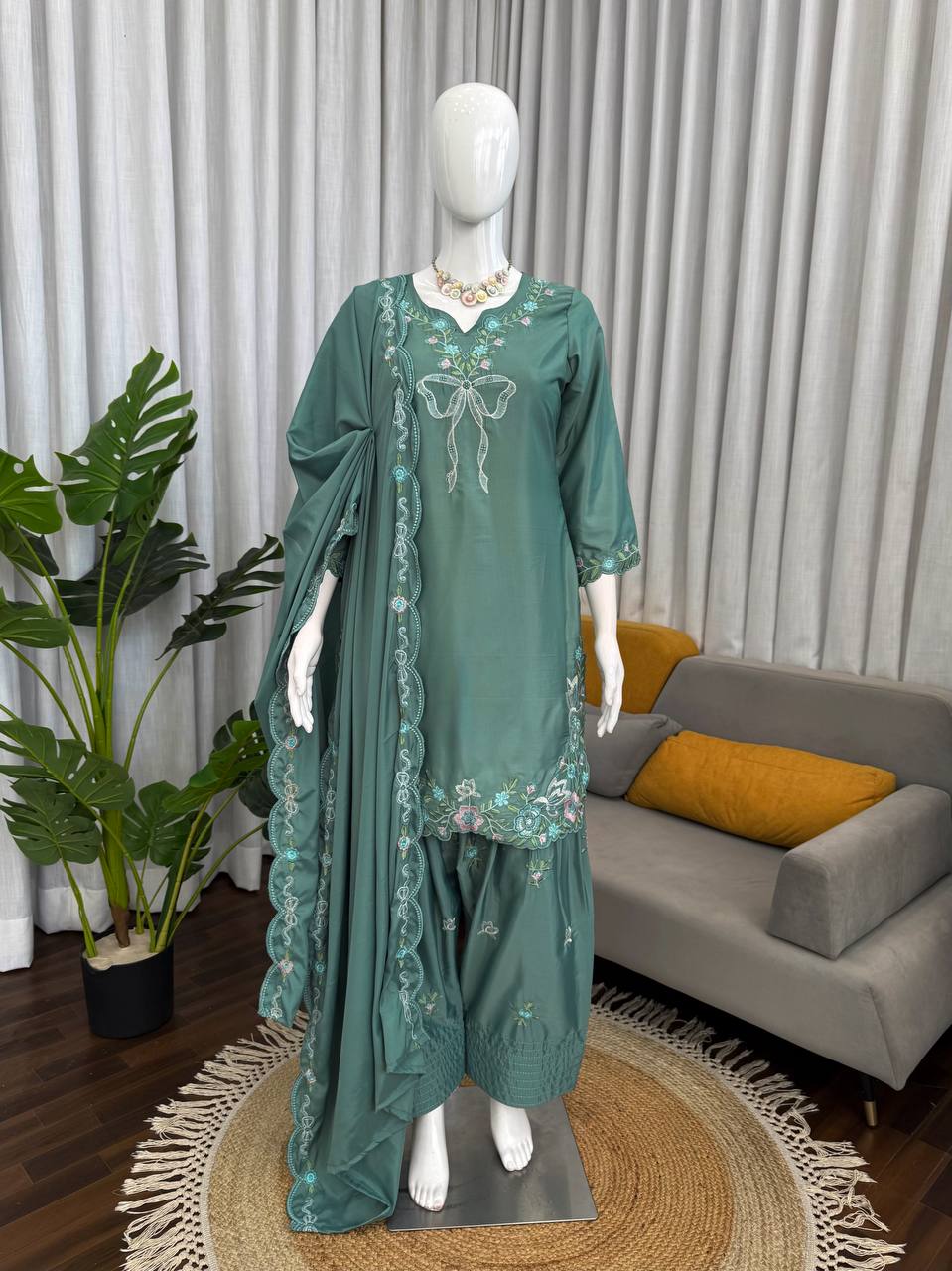 Teal Green Floral Embroidered Farshi Salwar With Bow Detail And Dupatta