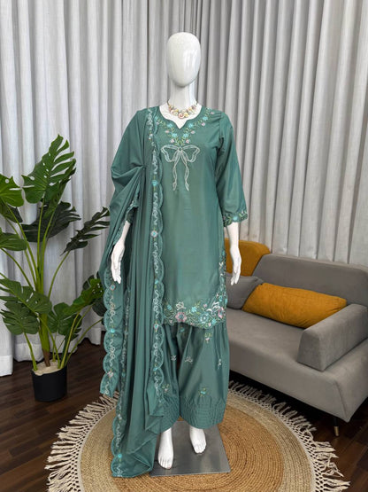 Teal Green Floral Embroidered Farshi Salwar With Bow Detail And Dupatta