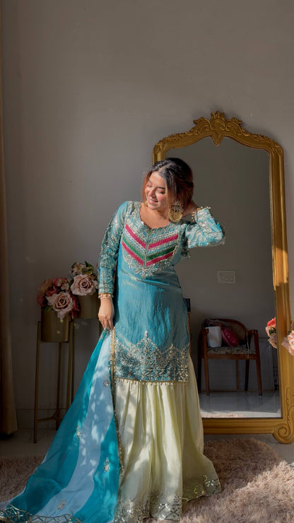 Embroidered Kurta Sharara Set With Printed Tassel Dupatta
