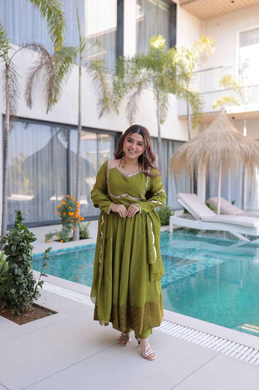 Olive Green Anarkali Suit With Mirror Work And Dupatta