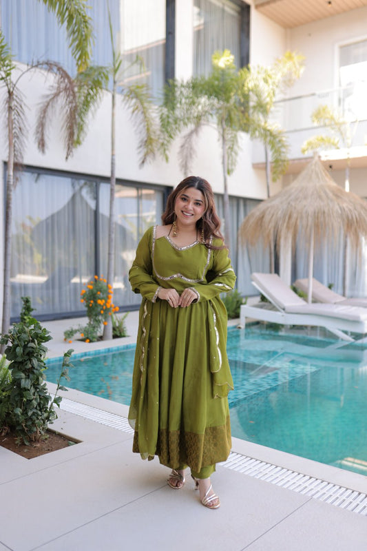 Olive Green Anarkali Suit With Mirror Work And Dupatta