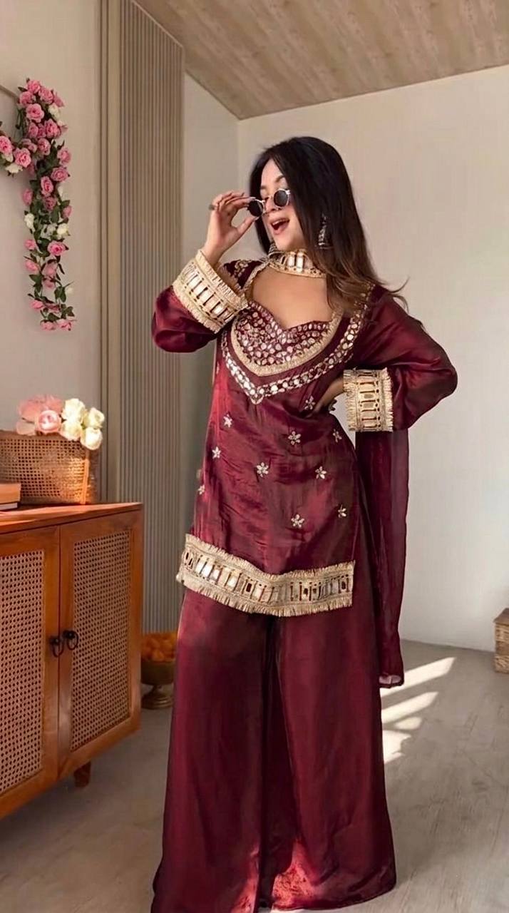 Maroon Silk Sharara Suit With Real Mirror Work And Gold Lace Work
