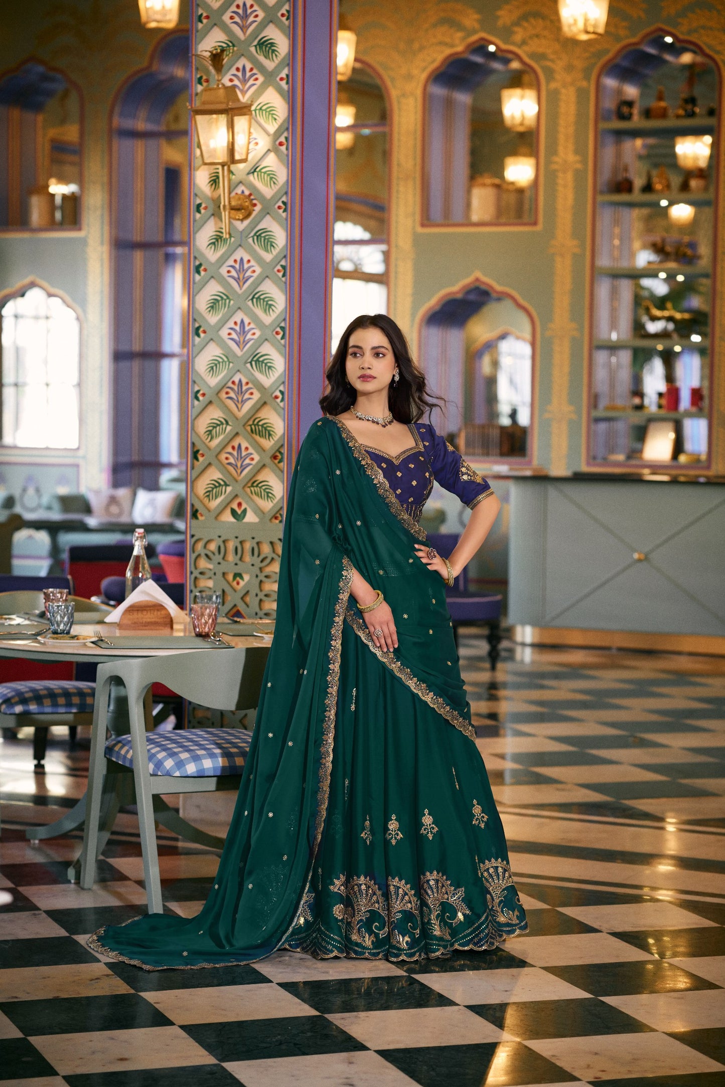 Bottle Green Embroidered Lehenga Choli with Contrast Blouse And Dupatta