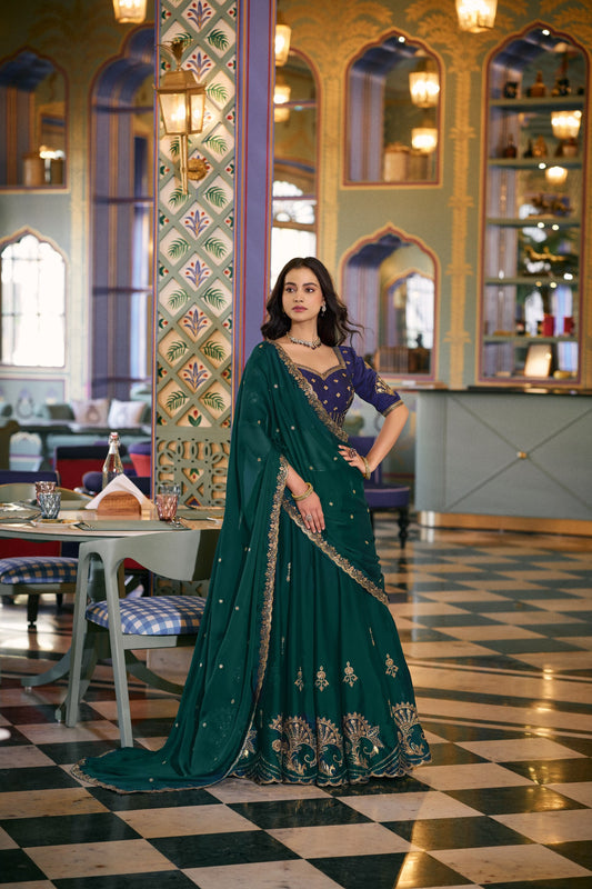 Bottle Green Embroidered Lehenga Choli with Contrast Blouse And Dupatta