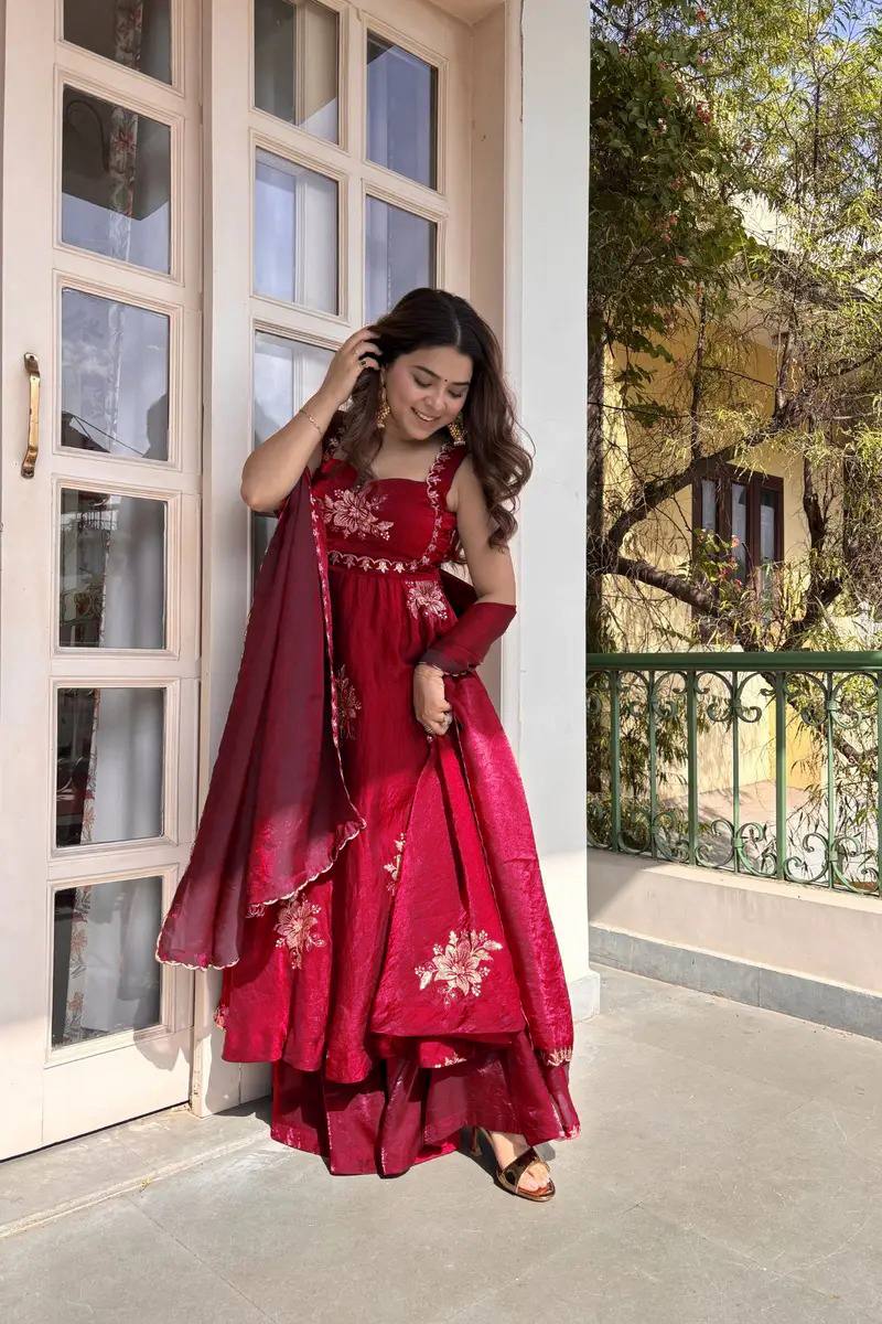 Floral Embroidered Sleeveless Anarkali Gown With Dupatta Set