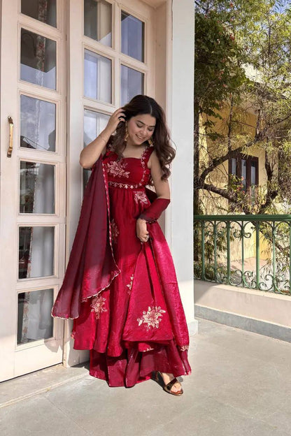 Floral Embroidered Sleeveless Anarkali Gown With Dupatta Set