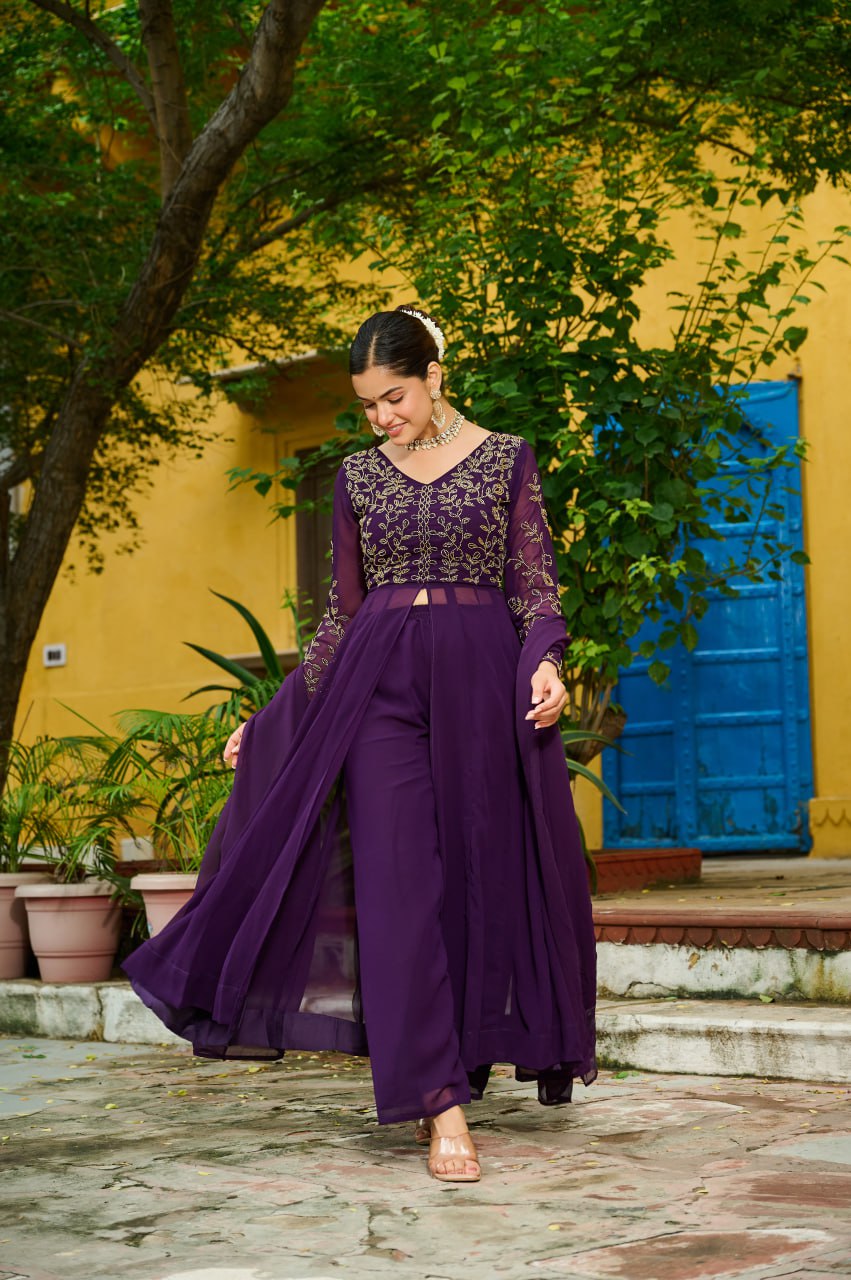 Traditional Red And Purple Embroidery Anarkali Duo