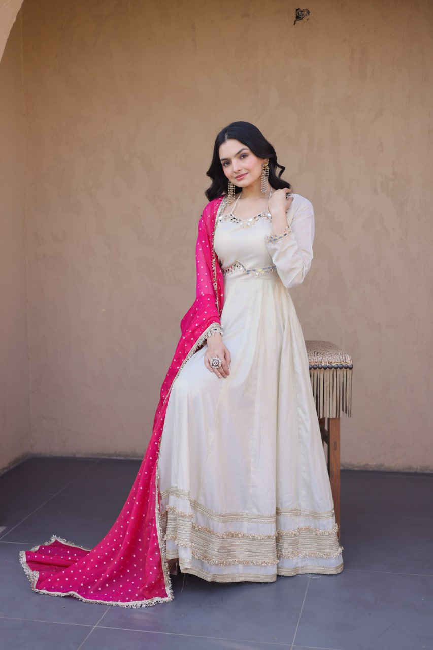 Real Mirror Work Anarkali Gown With Rani Pink Dupatta