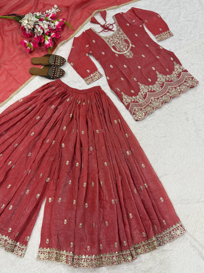Pink Embroidery Sharara Suit With Intricate Beige Lace Work 🎀