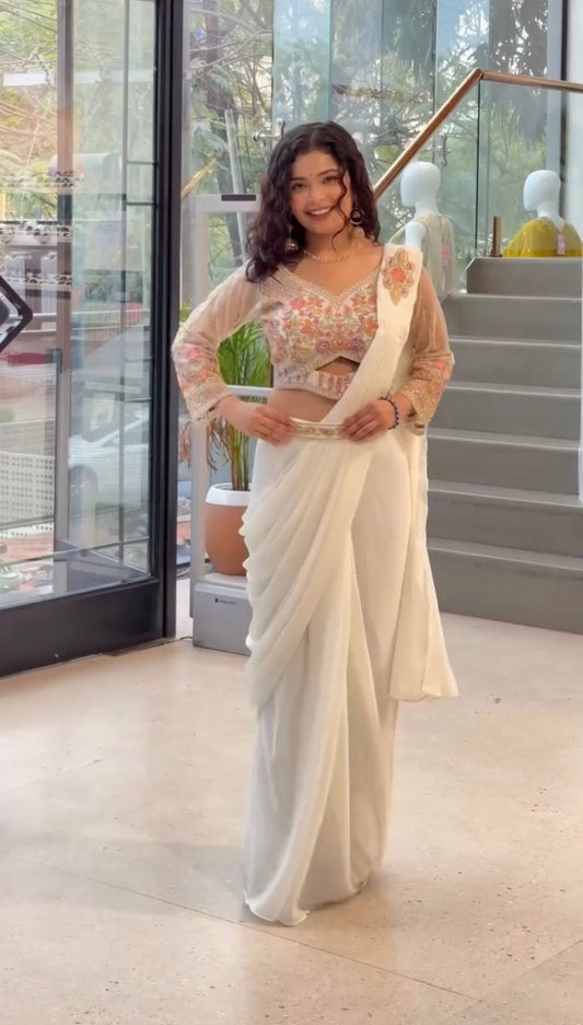White Draped Ready-To-Wear Saree With Floral Embroidered Blouse