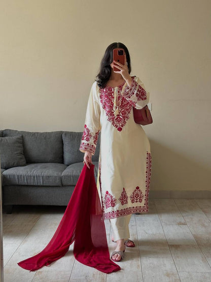 Cream Embroidery Suit With Red Dupatta And White Pants
