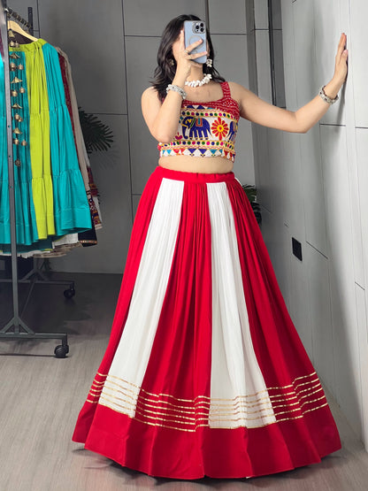 6 Meter Flair Red White Panelled Lehenga Choli With Kutchi Gamthi Mirror Work