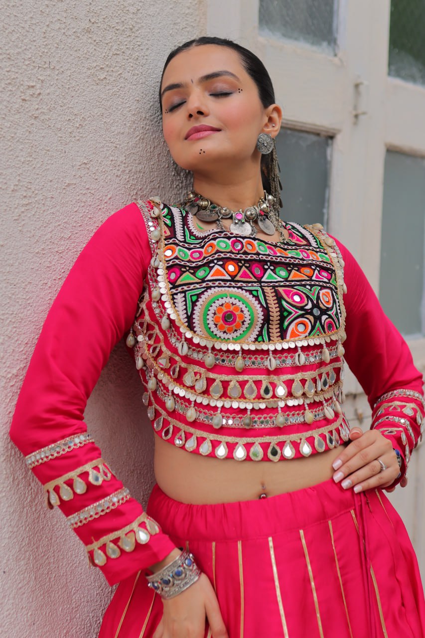 Designer Lehenga With Kutchi Gamthi Embroidered Blouse And Mirror Work