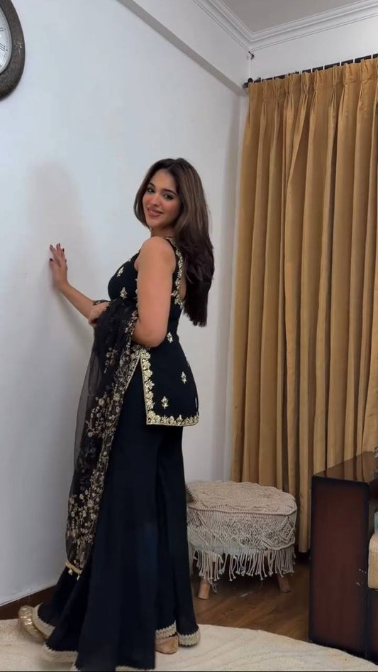 Black Embroidered Sharara Suit With Net Dupatta