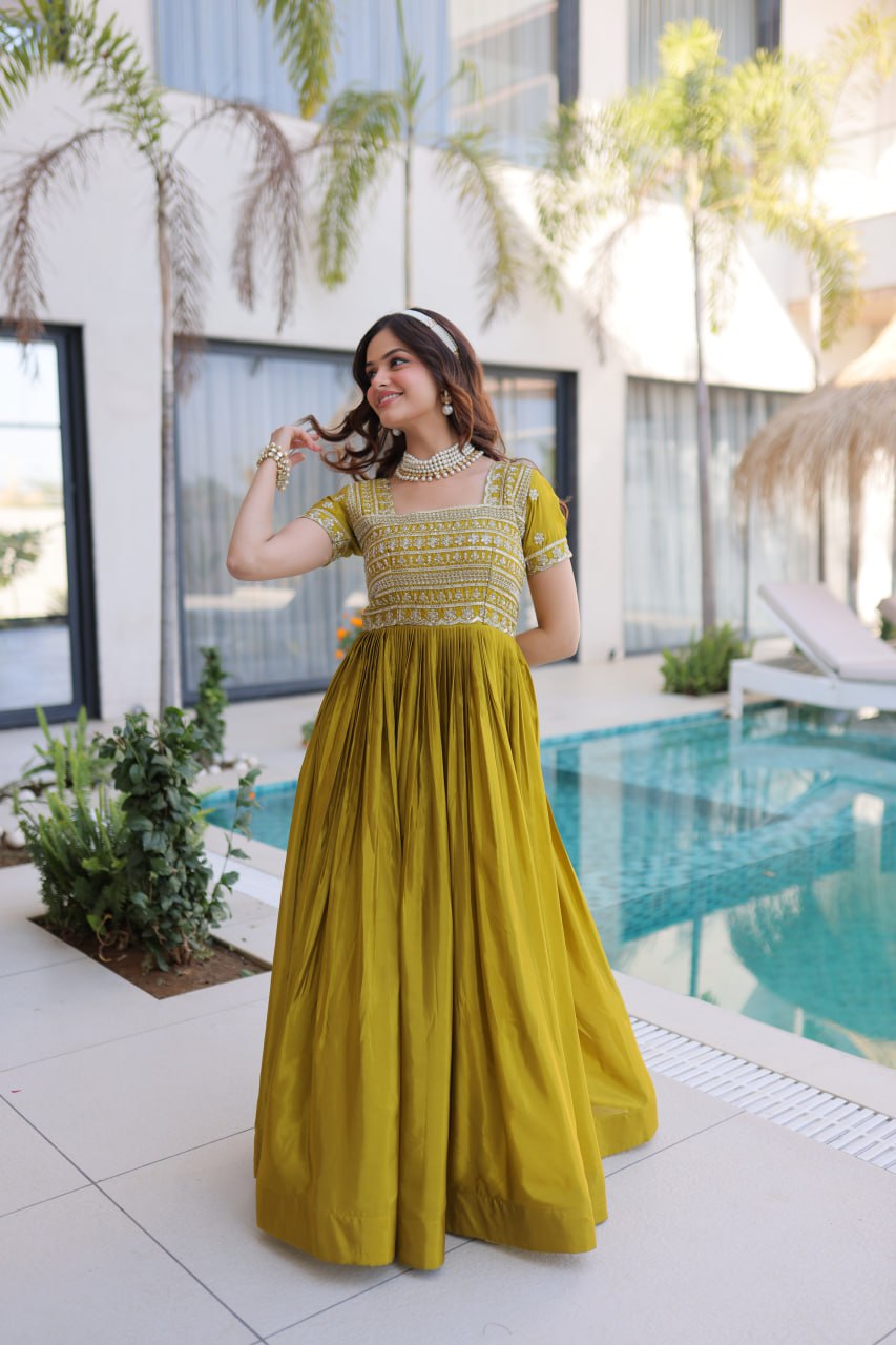 Mehendi Green Silk Anarkali Gown With Heavy Zari Embroidered