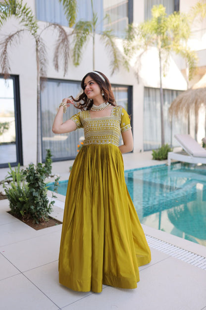 Mehendi Green Silk Anarkali Gown With Heavy Zari Embroidered