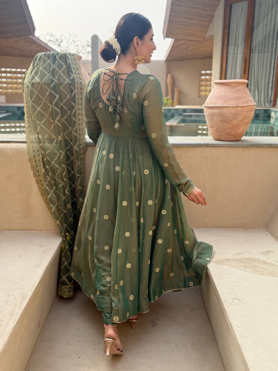 Green Anarkali Suit With Gold Embroidery And Matching Dupatta | Ethnic Festive Outfit