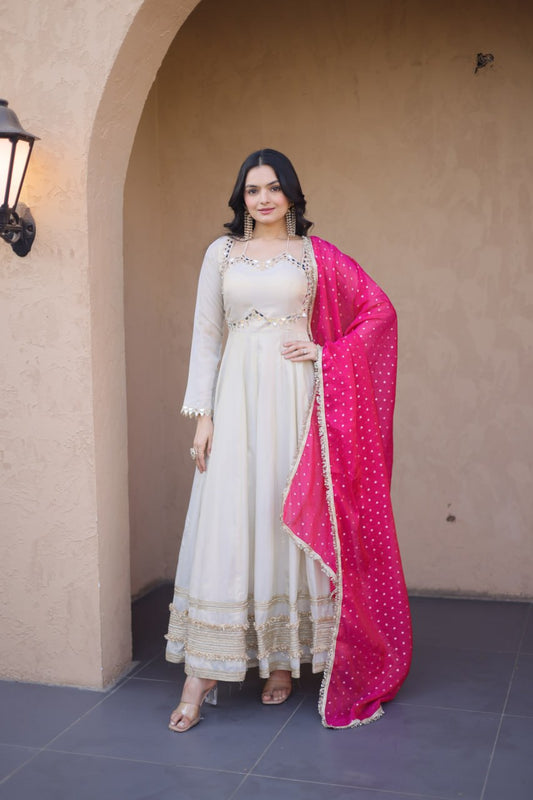 Real Mirror Work Anarkali Gown With Rani Pink Dupatta