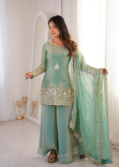 Heavy Gold Zari Embroidered Palazzo Suit Set With Dupatta