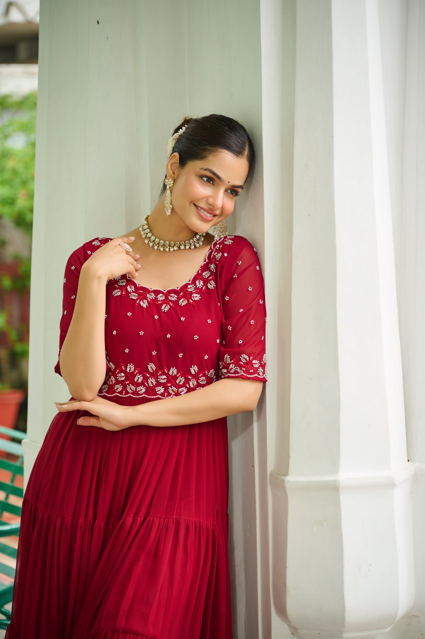 Embroidered Georgette Anarkali Gown Set With Sequins Work And Tiered Flair
