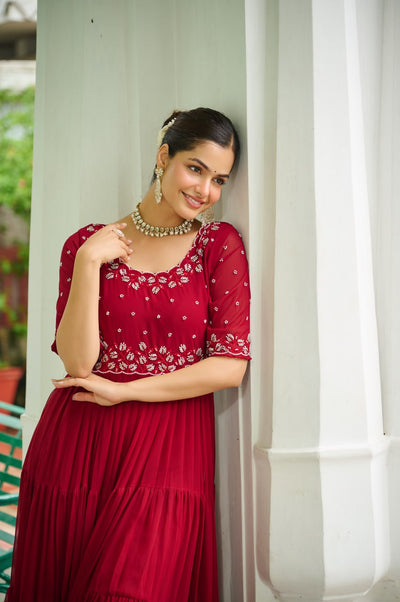Embroidered Georgette Anarkali Gown Set With Sequins Work And Tiered Flair
