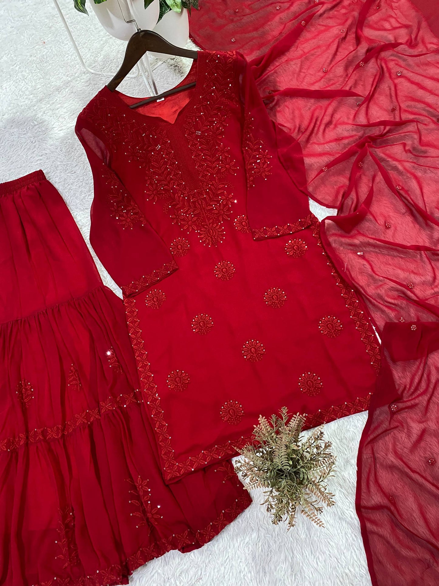 Red Sharara Suit With Embroidery Work And Dupatta