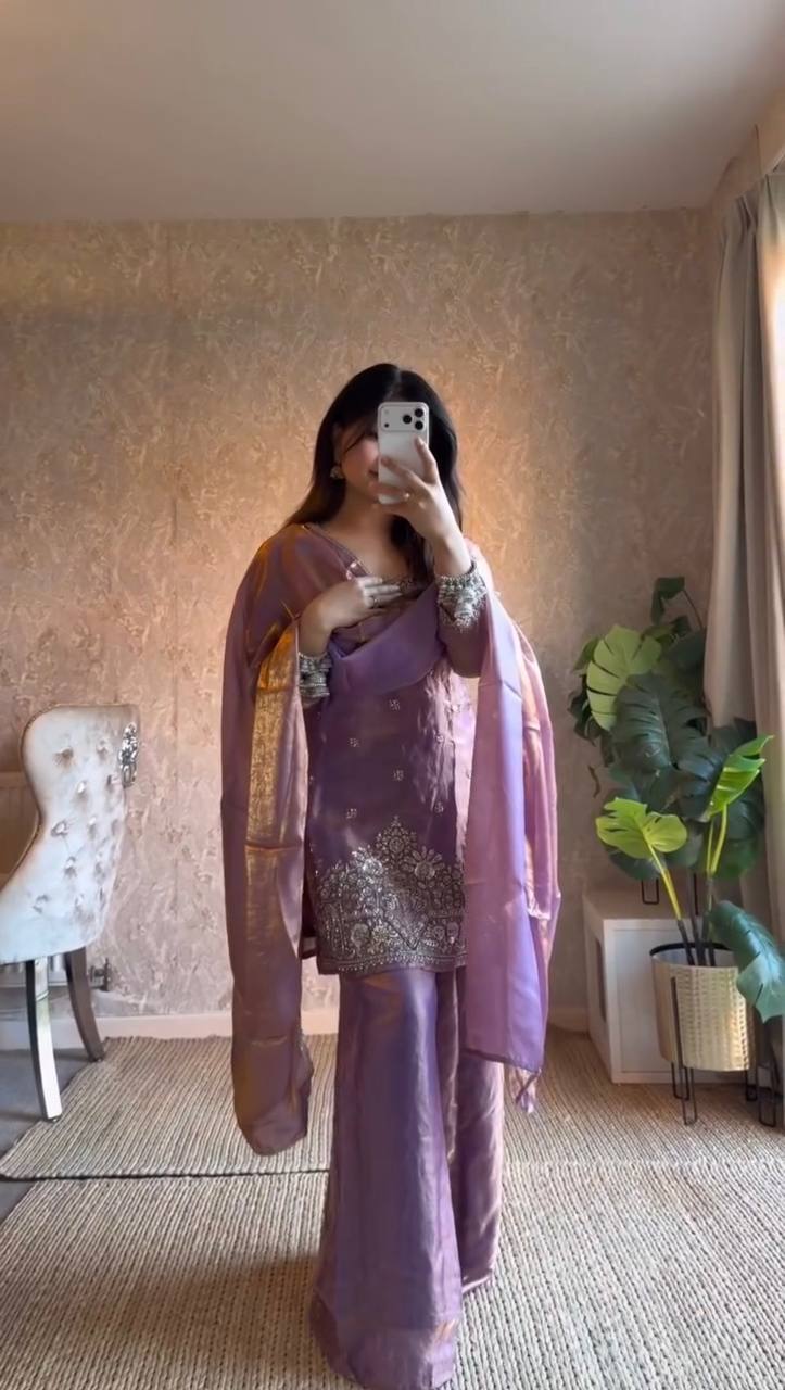 Lavender Silk Plazzo Suit With Heavy Zari And Sequins Embroidery