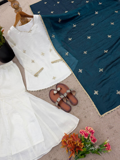Embroidered Sharara Set With Contrast Sequin Teal Blue Dupatta