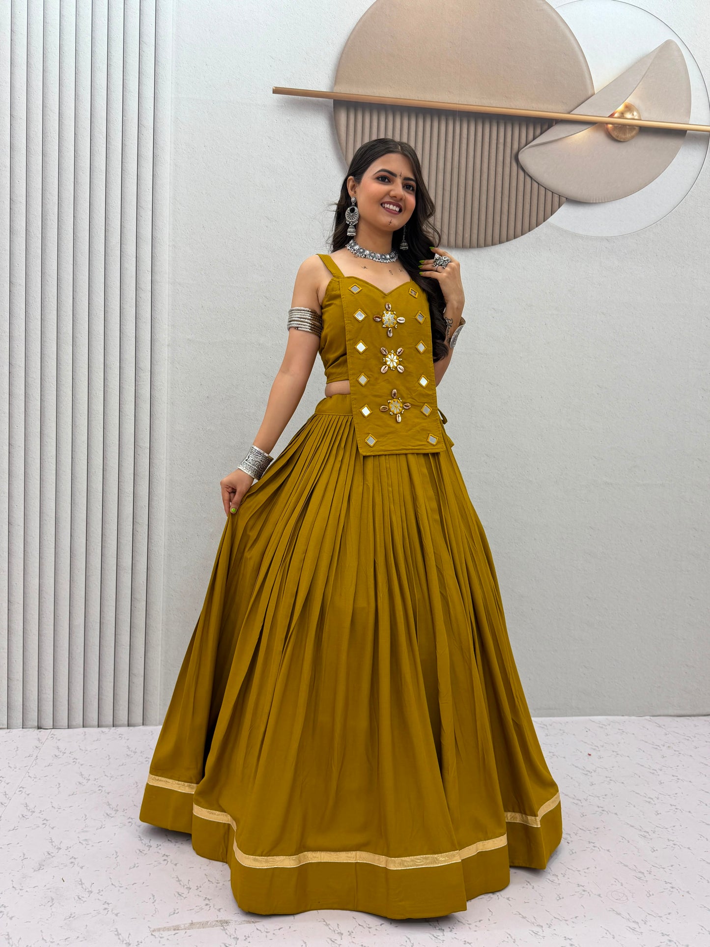 6 Meter Flair Mustard Yellow Plain Lehenga Choli With Mirror Work Jacket