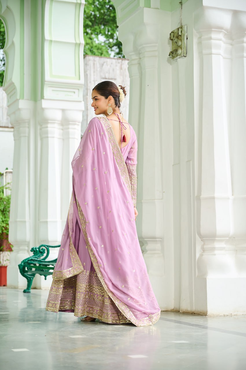 Lavender Georgette Anarkali Gown With Embroidery And Dupatta