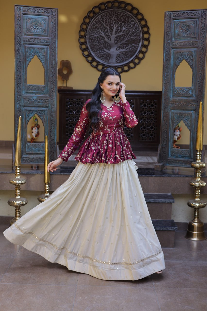 Wine Floral Embroidered Peplum Top With Off-White Lehenga Skirt Set