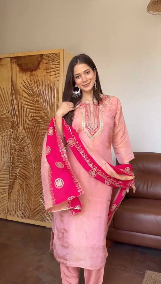 Peach Pink Embroidered Kurta Pant Set With Contrast Rani Pink Dupatta
