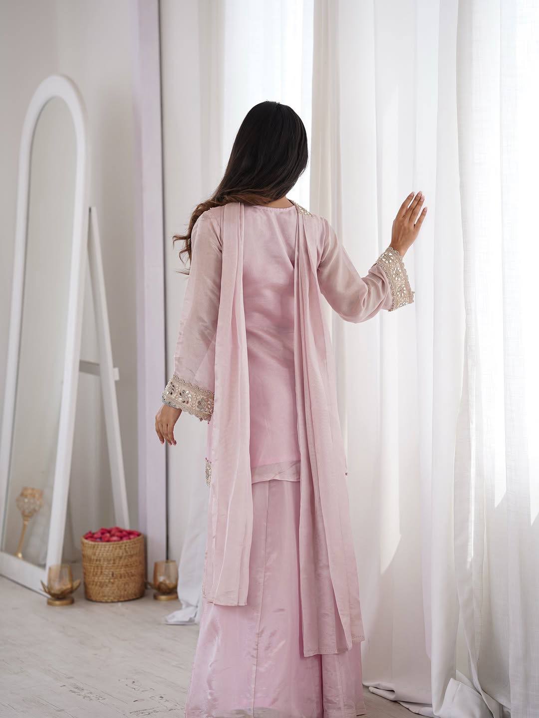 Baby Pink Mirror Work V-Neck Kurta Palazzo Set With Dupatta