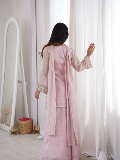 Baby Pink Mirror Work V-Neck Kurta Palazzo Set With Dupatta