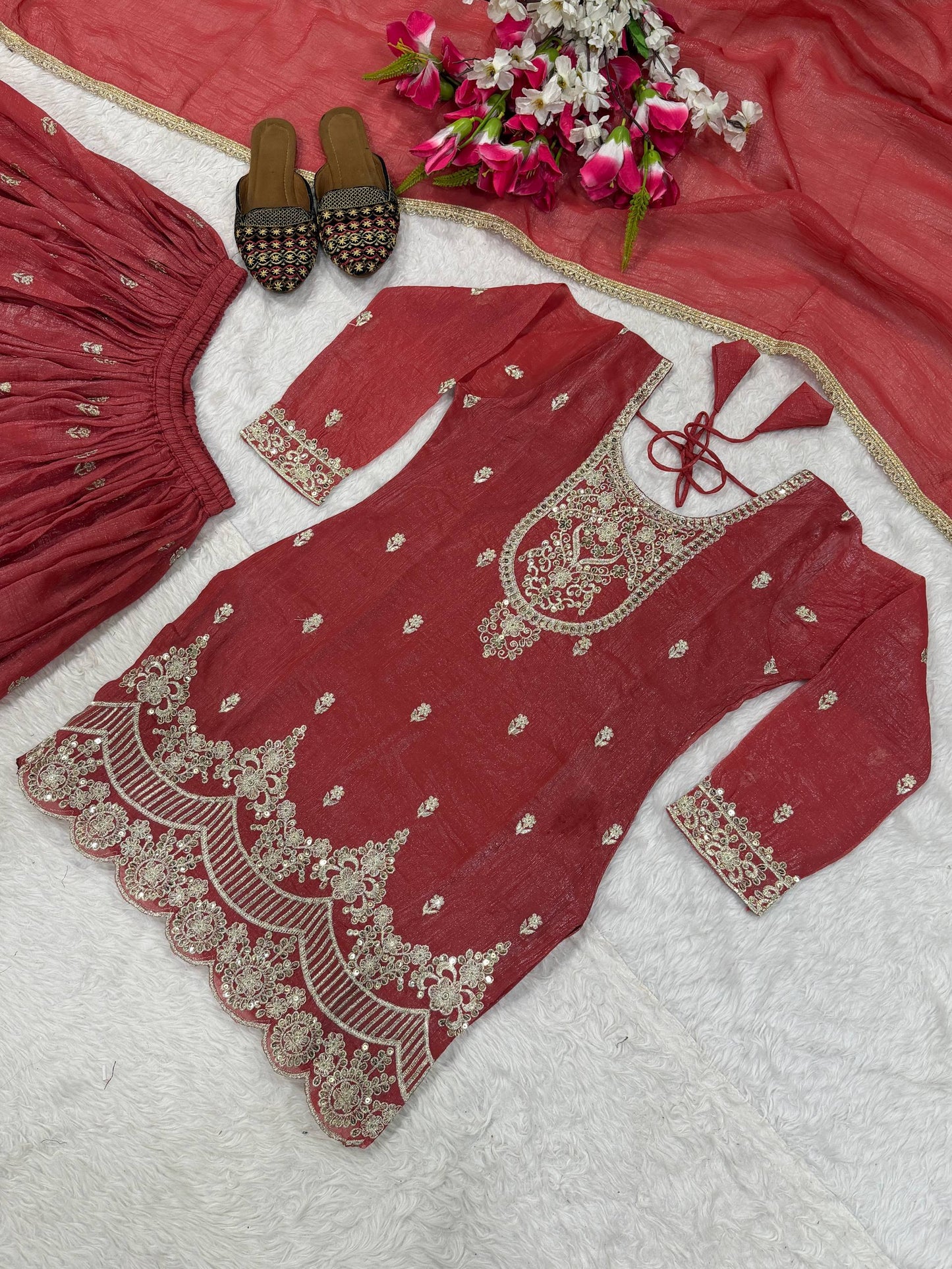 Pink Embroidery Sharara Suit With Intricate Beige Lace Work 🎀