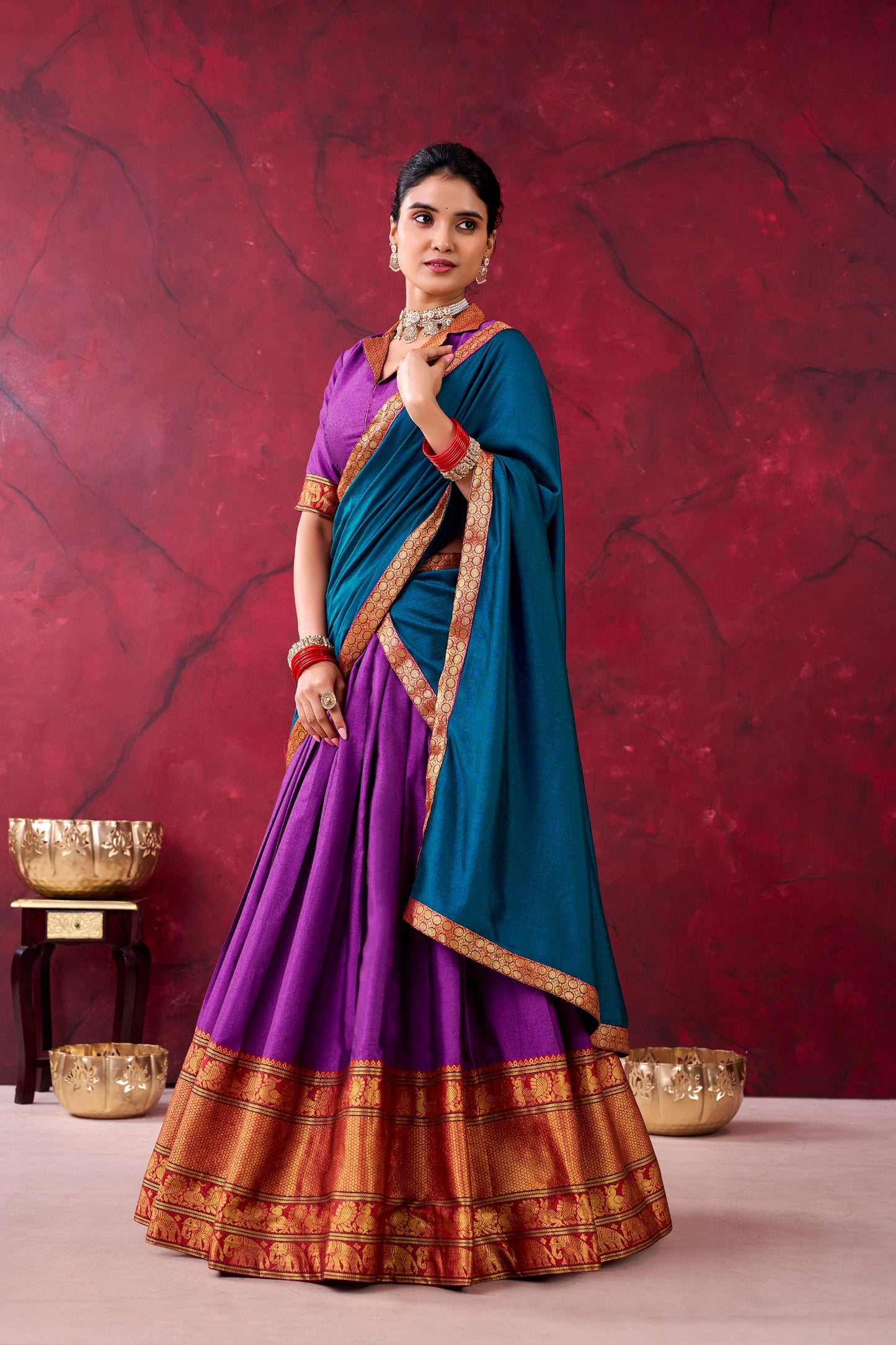 Royal Purple Narayan Pet With Teal Blue Dupatta And Zari Border