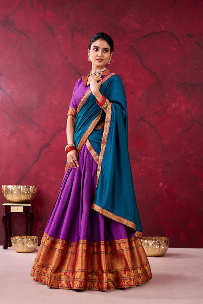 Royal Purple Narayan Pet With Teal Blue Dupatta And Zari Border