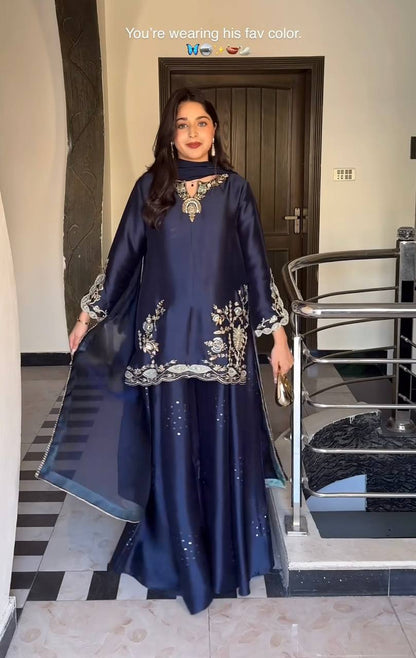 Navy Blue Satin Silk Sharara Suit Set With Gold Zari Floral Embroidery