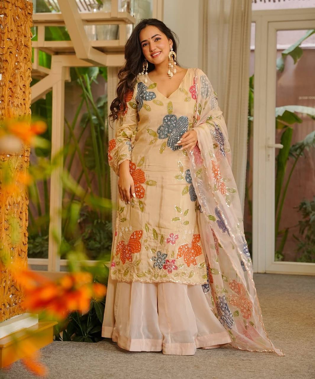 Cream Multicolor Floral Sequin Embroidered Sharara Suit Set