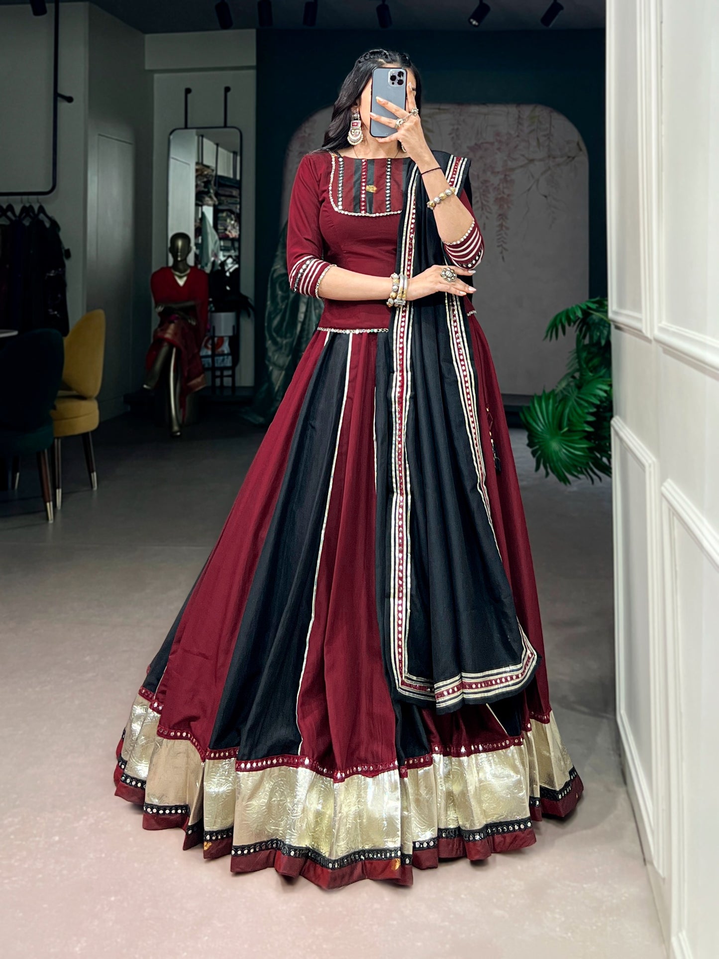 Maroon Black Panelled Lehenga Choli With Zari Border And Mirror Work